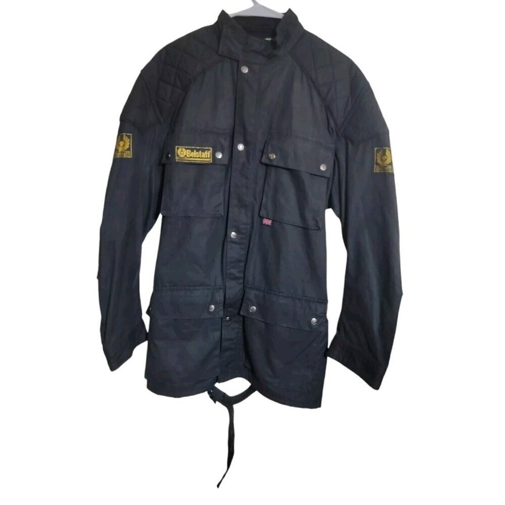 Belstaff Jacket Men L Black Waxed Cotton Motorcycle Belt Grunge Punk Parka
